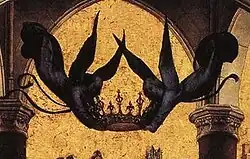 Detail showing the crown held by completely blue seraphim from Virgin and Child Enthroned with two Musical Angels c. 1465 – 1467