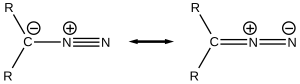 Diazo compounds have two main Lewis structures in resonance: R2>C−–N+≡N and R2>CH=N+=N−