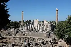Color photograph, taken from the front, of the ruins of a Classical building, with white/grey columns and stairs.