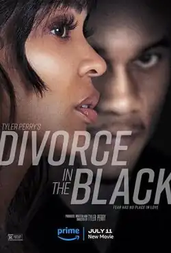 A woman looks to the right while an out-of-focus man stares at her in the background. The title "Tyler Perry's Divorce in the Black" appears in white font.