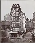 View from Dock Square toward the future site of Adams Square (center) and Brattle Street (right), 1860