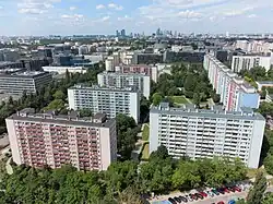 The multifamily residential apartment buildings of the neighbourhood of Domaniewska&nbsp;[pl], in Ksawerów, in 2021.