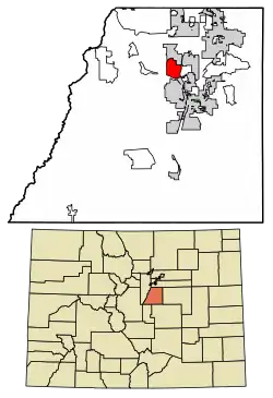 Location of the Castle Pines Village CDP in Douglas County, Colorado.