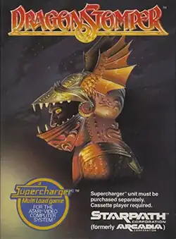 The box art of Dragonstomper: an illustration of a knight from their side view. Their armor is stylized with dragon-like elements such as wings pointing at the top and sharp teeth around the visor. The title of the game is at the top of the box, along with the Starpath Logo, promotional text, and information regarding the Starpath Supercharger requirements.