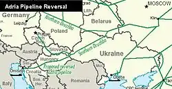 Map of the Druzhba pipeline, moving from Russia through Ukraine to Slovakia and Hungary in the European Union.