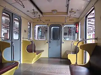 Interior of historical car 1083 in Zličín (B) depot.