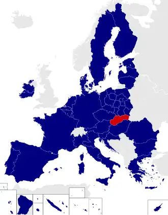 Map of the European Parliament constituencies with Slovakia highlighted in red