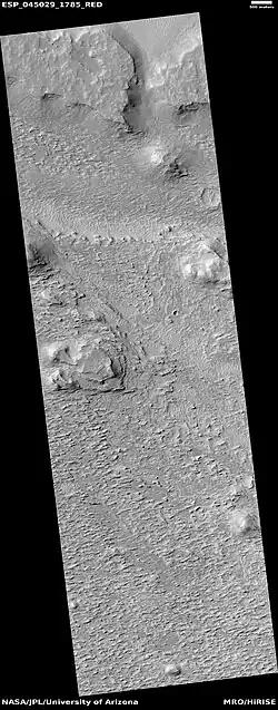 Wide view of layered terrain, as seen by HiRISE under HiWish program. Location is northeast of Gale Crater in Aeolis quadrangle.