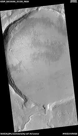 Crater with channels and ridges, as seen by HiRISE under HiWish program Note the channel on the rim. This crater probably once held a lake.