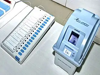 India's DRE voting machine used in all major elections with its separate ballot unit and VVPAT unit.