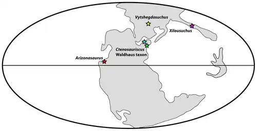 Paleogeography of the Early Triassic with archosaur fossil finds