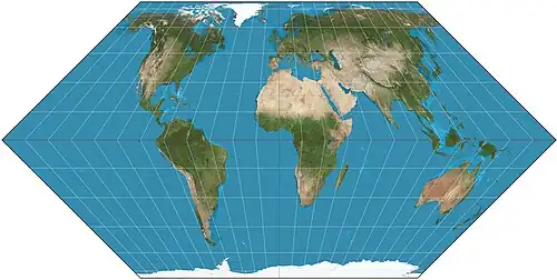 Image 11 Eckert II projection Map: Strebe, using Geocart The Eckert II projection is an equal-area pseudocylindrical map projection presented by Max Eckert-Greifendorff in 1906. In the equatorial aspect (where the equator is shown as the horizontal axis) the network of longitude and latitude lines consists solely of straight lines, and the outer boundary has the distinctive shape of an elongated hexagon. More selected pictures