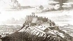 Engraving of a castle on top of a steep hill, above the title "The North East View of Edinburgh Castle". On the castle flies a large Union Flag with Scottish saltire part of flag most visible.