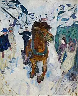 Galloping Horse, 1910–12, .mw-parser-output .frac{white-space:nowrap}.mw-parser-output .frac .num,.mw-parser-output .frac .den{font-size:80%;line-height:0;vertical-align:super}.mw-parser-output .frac .den{vertical-align:sub}.mw-parser-output .sr-only{border:0;clip:rect(0,0,0,0);clip-path:polygon(0px 0px,0px 0px,0px 0px);height:1px;margin:-1px;overflow:hidden;padding:0;position:absolute;width:1px}148 cm × 120 cm (58+1⁄4 in × 47+1⁄4 in), Munch Museum, Oslo