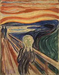 Oil painting of a person screaming against the backdrop of an orange sky