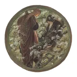 A woman in a brown cloak stares at a figure in a black cloak among greenery and flowers.