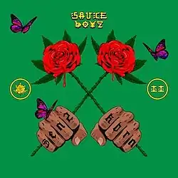 Two tattooed hands holding a rose on each one, with purple butterflies surrounding them