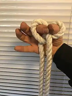 6. The index finger and the thumb are joined to gather the final knot.