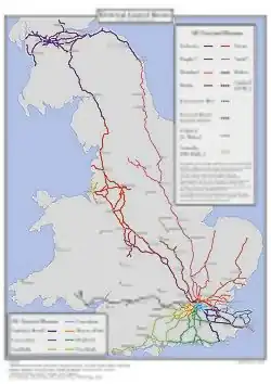 Rough geographic map of mainline railway lines on the island of Great Britain colour coded according to their 19 electrical control rooms and marked with major or relevant towns and cities.