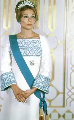 Farah Diba Pahlavi, dress designed by Mehr Monir Jahanbani and Keyvan Khosrovani featuring Balochi needlework