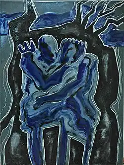 A freehand enameled painting by Einar Hakonarson. In the forest, 1989