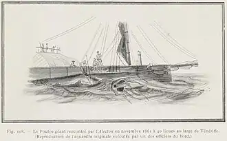 #18 (30/11/1861) The French corvette Alecton attempts to capture a giant squid off Tenerife on 30 November 1861. Reproduction of the original watercolour by officers of the Alecton, from Bourée (1912:115, fig. 108).