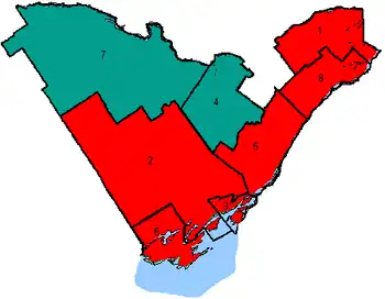Map of the region's ridings in 2000. Colors show the result from the 2000 election.