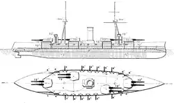 The ship carries four twin-gun turrets, one centered forward, one behind and to the right side of the ship, another further behind and to the left, and the last centered aft. Numerous smaller guns are distributed along the sides of the vessel.