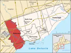 Location of Etobicoke (red) compared to the rest of Toronto.