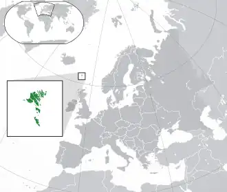 Location of the Faroe Islands (green) in Europe (green and dark grey)