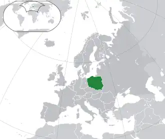 Location of Poland (dark green) in the Cold War-era Europe (dark grey)