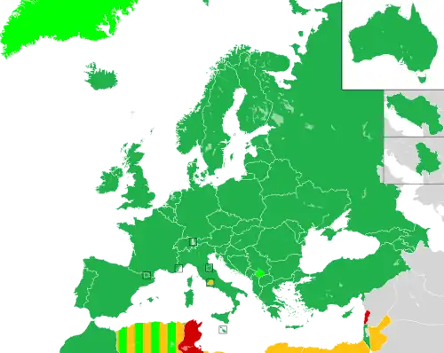 Map of countries in Europe, North Africa and Western Asia, with a cut-out of Australia in top-right corner; countries are coloured to indicate contest participation and eligibility: countries which have entered at least once are coloured in green; countries which have never entered but eligible to do so are coloured in yellow; countries which intended to enter but later withdrew are coloured in red; and countries which competed as a part of another country but never as a sovereign country are coloured in light green.