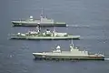HMS Argyll, RSS Formidable and RSS Intrepid alongside each other during Exercise Bersama Lima 18. 13 October 2018.