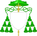 Galero vert with six tassels per side, used by bishops in place of a helmet (and single-barred cross)