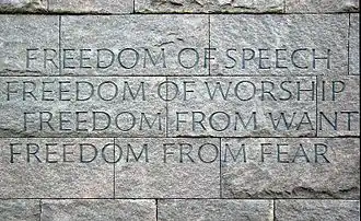 Engraving of the Four Freedoms at the Franklin Delano Roosevelt Memorial, dedicated in 1997 in Washington, D.C.