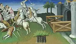 Detail from The Travels of Marco Polo, c. 1410, showing a horseman using a spiked flail with both hands to strike an adversary