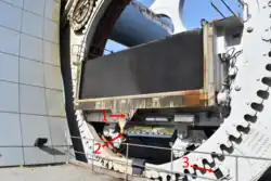 Securing pin and clamp receptors on a caisson (1 and 2), and a wheel securing pin receptor (3)