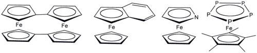 Various ferrocene derivatives where cyclopentadienyl has been replaced by related ligands