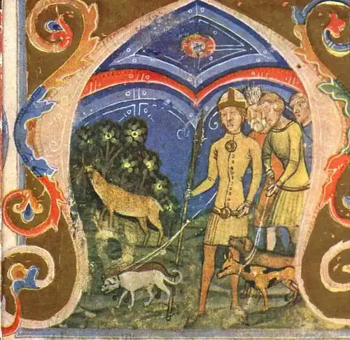 Four men, one of the leading three dogs, in pursuit of a deer