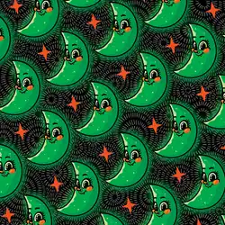 Green moons in a black background and orange stars. It is a portrait based on the cover art of its EP, Ferxxocalipsis