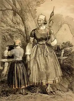 This lithograph depicting a woman from Pont-l'Abbé was shown at the "Galerie armoricaine" in 1848 and was included in "Costumes et vues pittoresques de la Bretagne" published in Nantes by Charpentier Père et Fils,