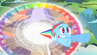 A young blue pegasus with a rainbow-colored mane blasts upward from the ground with a large circular rainbow explosion in her wake. She has a shocked expression on her face.