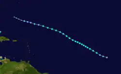 A track map of Tropical Storm Fiona during mid-August