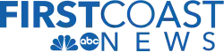 The words "FIRST" and "COAST", directly touching, with "FIRST" bolded, in blue. Beneath, the NBC and ABC logos and the word "NEWS" in blue. Beneath these are the words "ON YOUR SIDE".