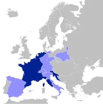 Map of Europe as at 1812, highlighting France and her client states