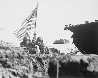 First U.S. flag on the Island of Guam, 1944. Guam gained full American Citizenship in the year of 1950.