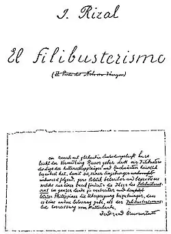Facsimile copy of the first page of the manuscript of El filibusterismo, "The Part of Noli Me Tangere", written in Italian and crossed out, below text is written in German