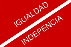 A red background with a white diagonal stripe protruding from the bottom left corner and connecting to the top right corner, with the words "Equality" and "Independence".