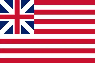 The red stripes in the flag of the United States were adapted from the British Red Ensign. This is the Continental Union Flag, the de facto flag of the United States until 1777.
