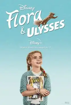 A small blonde girl looks up at a squirrel which is climbing over the film title.